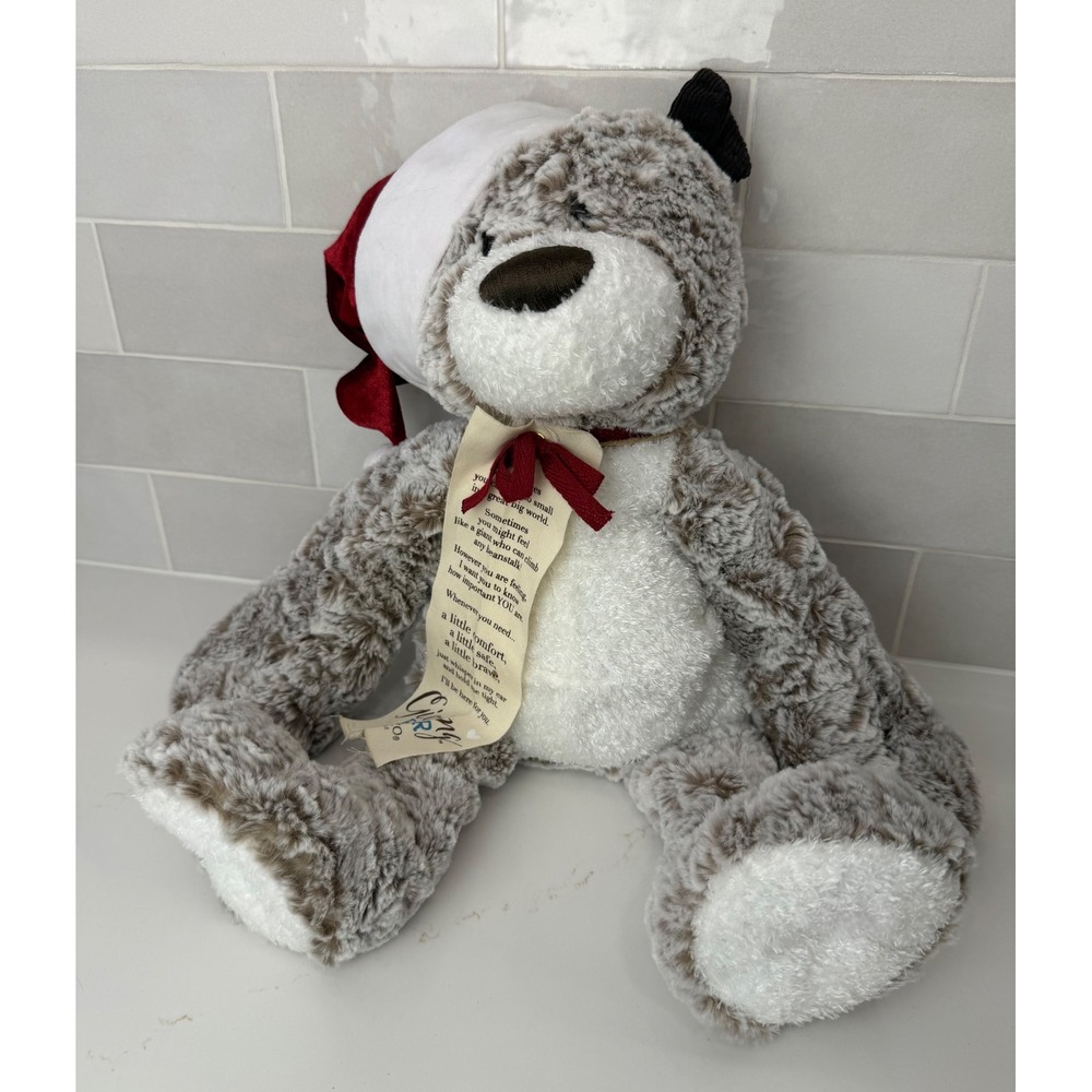 DEMDACO Plush Giving Bear 12in Grey White Christmas Santa Hat Hallmark Exclusive